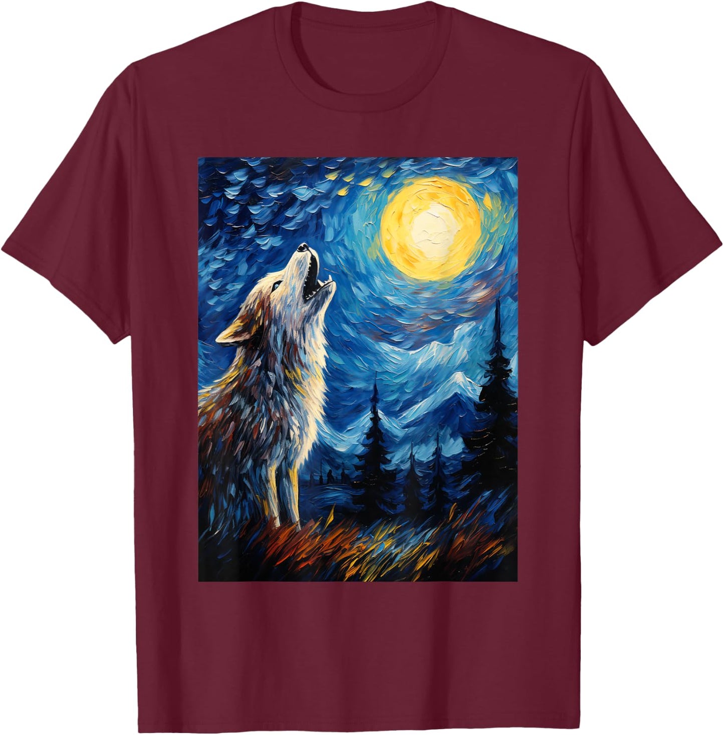 Wolf Starry Night Van Gogh Style Moon T-Shirt - T-Shirt | Maroon