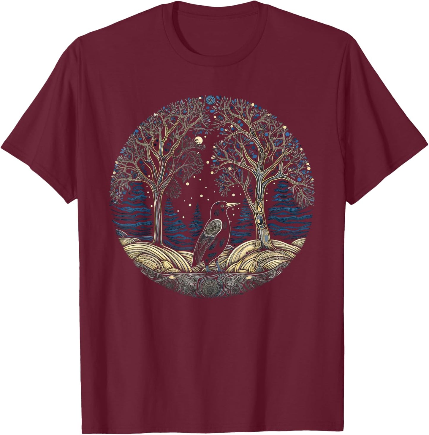 Bird Tree Artwork | Animal Motif Bird T-Shirt - T-Shirt | Maroon