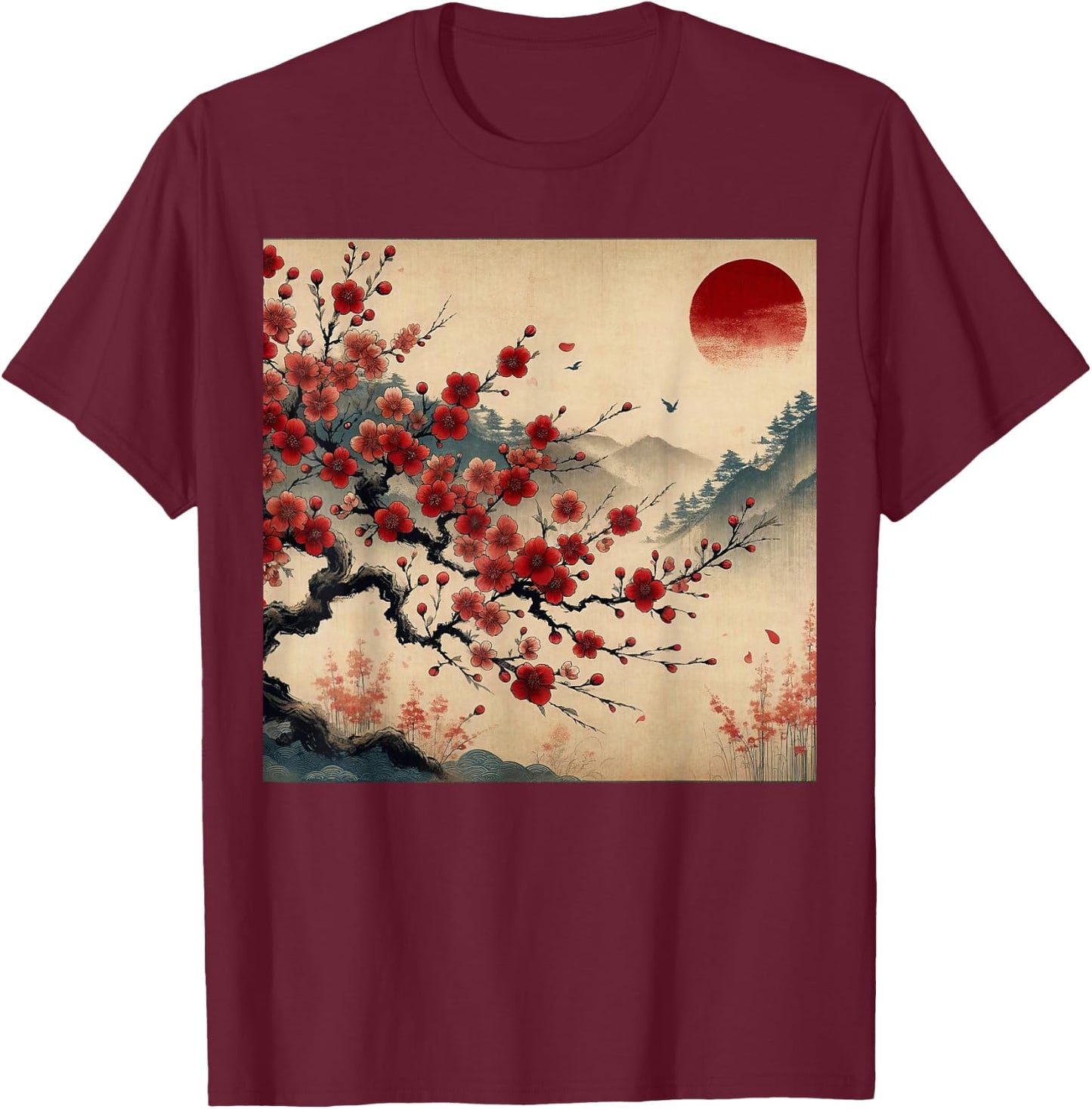 Vintage Cherry Blossom Woodblock Japanese Graphical Art T-Shirt - T-Shirt | Maroon