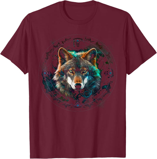 Wolf Lover Artwork | Mandala Animal Motif Wolf T-Shirt - T-Shirt | Maroon