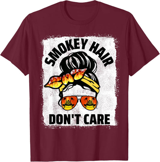 Firefighting Hair Don't Care Messy Bun Firefighter Women T-Shirt - T-Shirt | Maroon