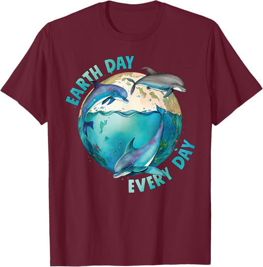 Earth Day, Every Day. Three Dolphins Ocean, Climate Change T-Shirt - T-Shirt | Maroon