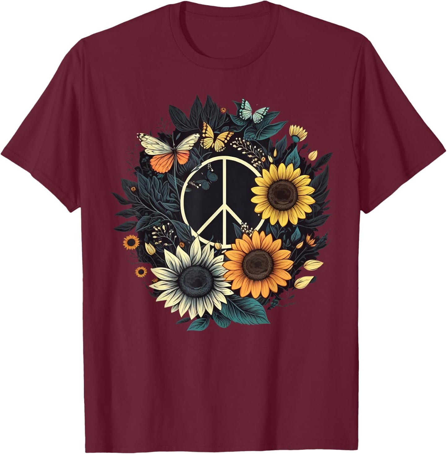 PEACE SIGN LOVE Sunflower on 60s 70s Sunflower Hippie T-Shirt - T-Shirt | Maroon