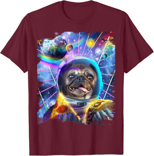 Dog Pug Astronaut In Space Eating Pizza Taco T-Shirt - T-Shirt | Maroon