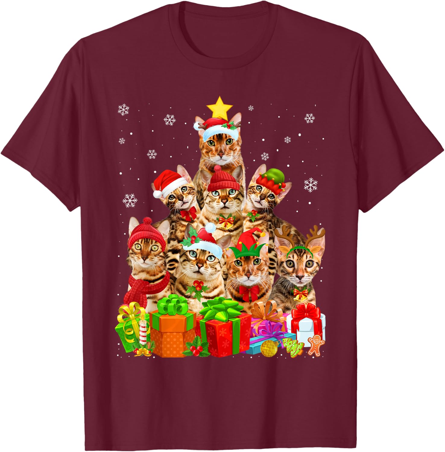 Ugly Christmas Sweater Cat Tree Funny Bengal Cat Xmas T-Shirt - T-Shirt | Maroon