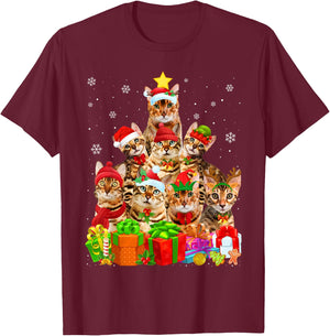 Ugly Christmas Sweater Cat Tree Funny Bengal Cat Xmas T-Shirt - T-Shirt | Maroon