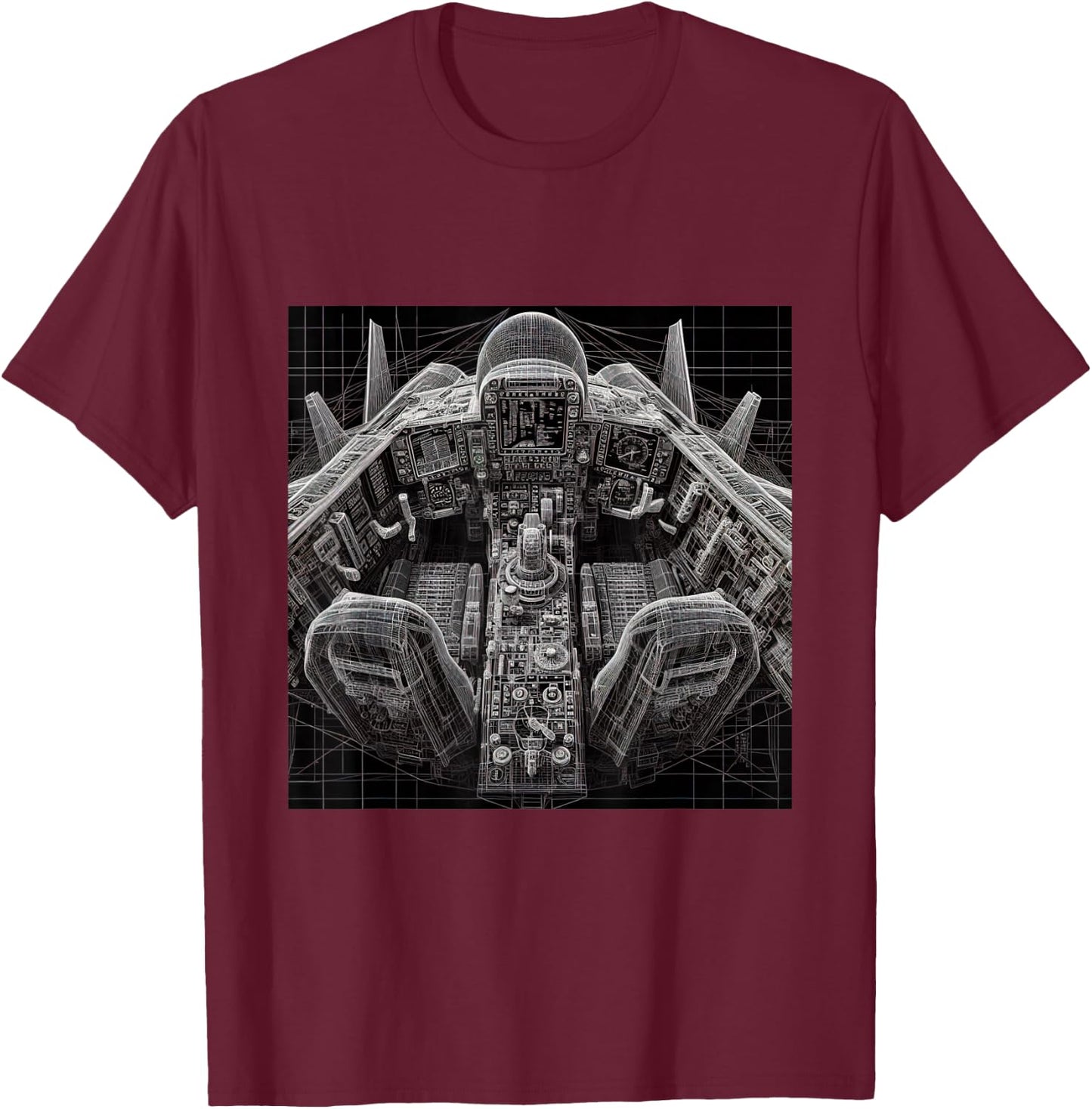 F14 Tomcat Jet Fighter Cockpit Wireframe Blueprint T-Shirt - T-Shirt | Maroon