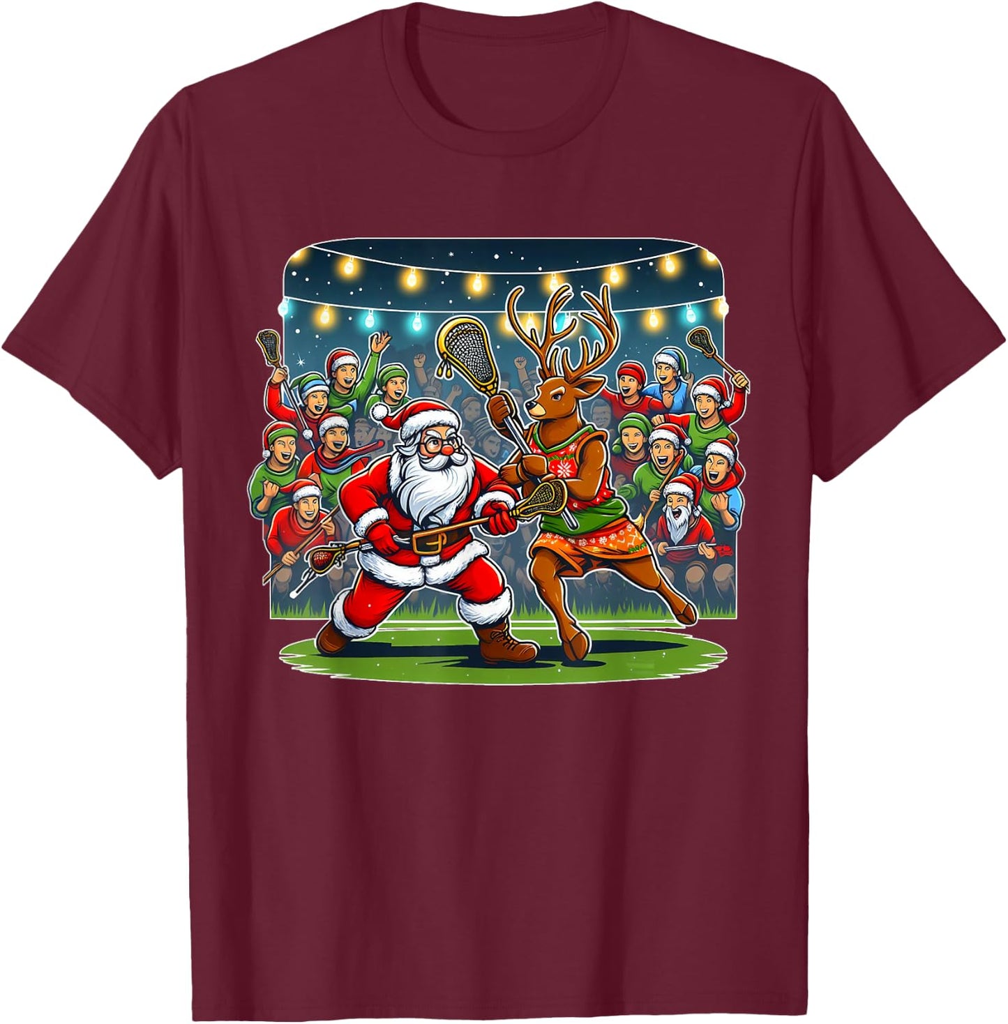 Lacrosse Player Christmas Santa Reindeer Playing Lax Graphic T-Shirt - T-Shirt | Maroon