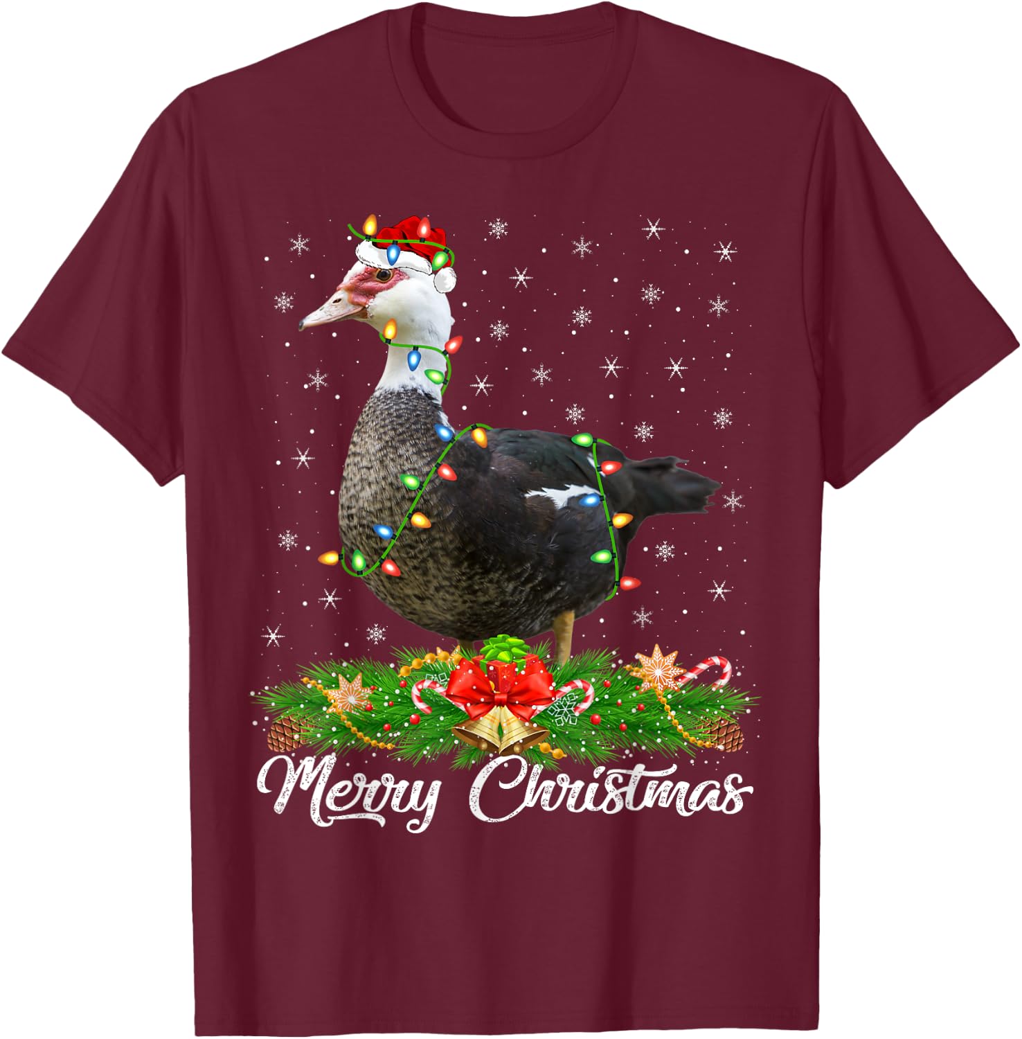 Duck Bird Lover Matching Santa Hat Muscovy Duck Christmas T-Shirt - T-Shirt | Maroon