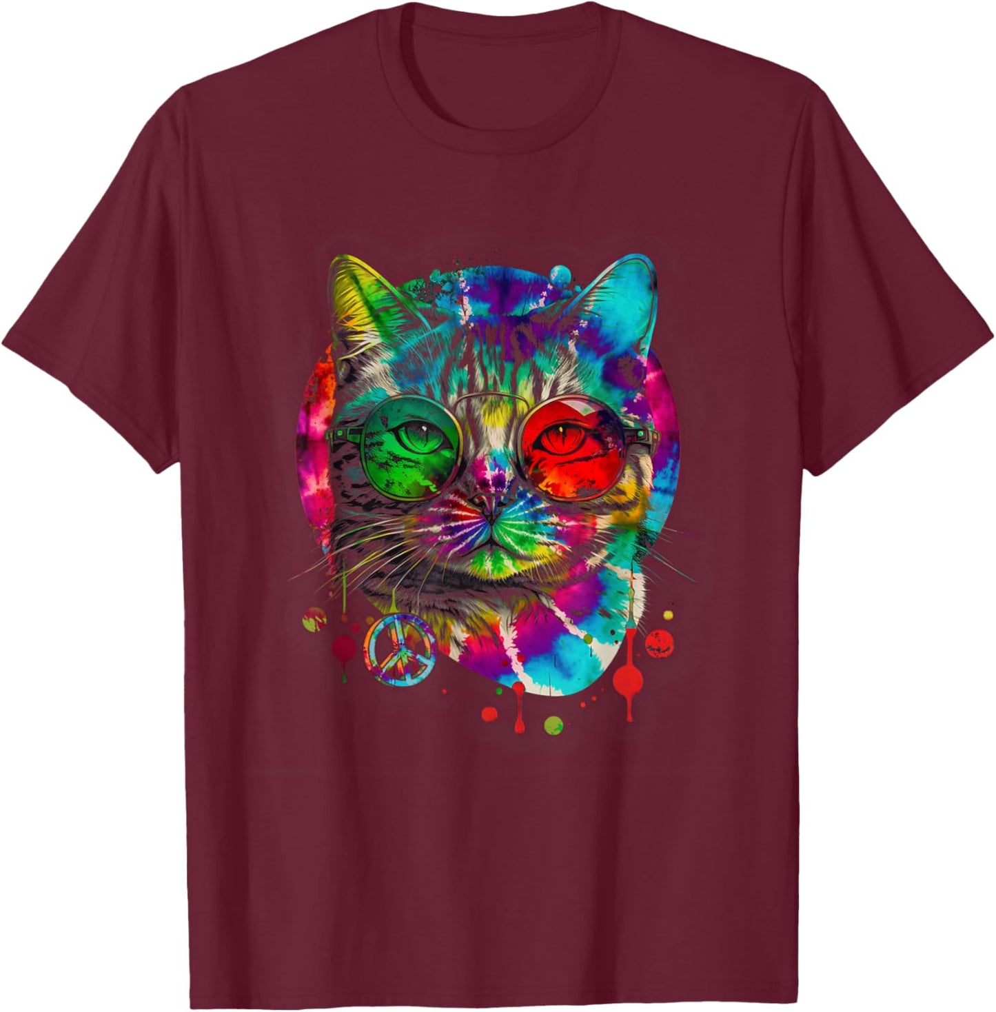 Hippie Cat Tie Dye Peace Sign 60s Psychedelic-Pet Cat Lovers T-Shirt - T-Shirt | Maroon