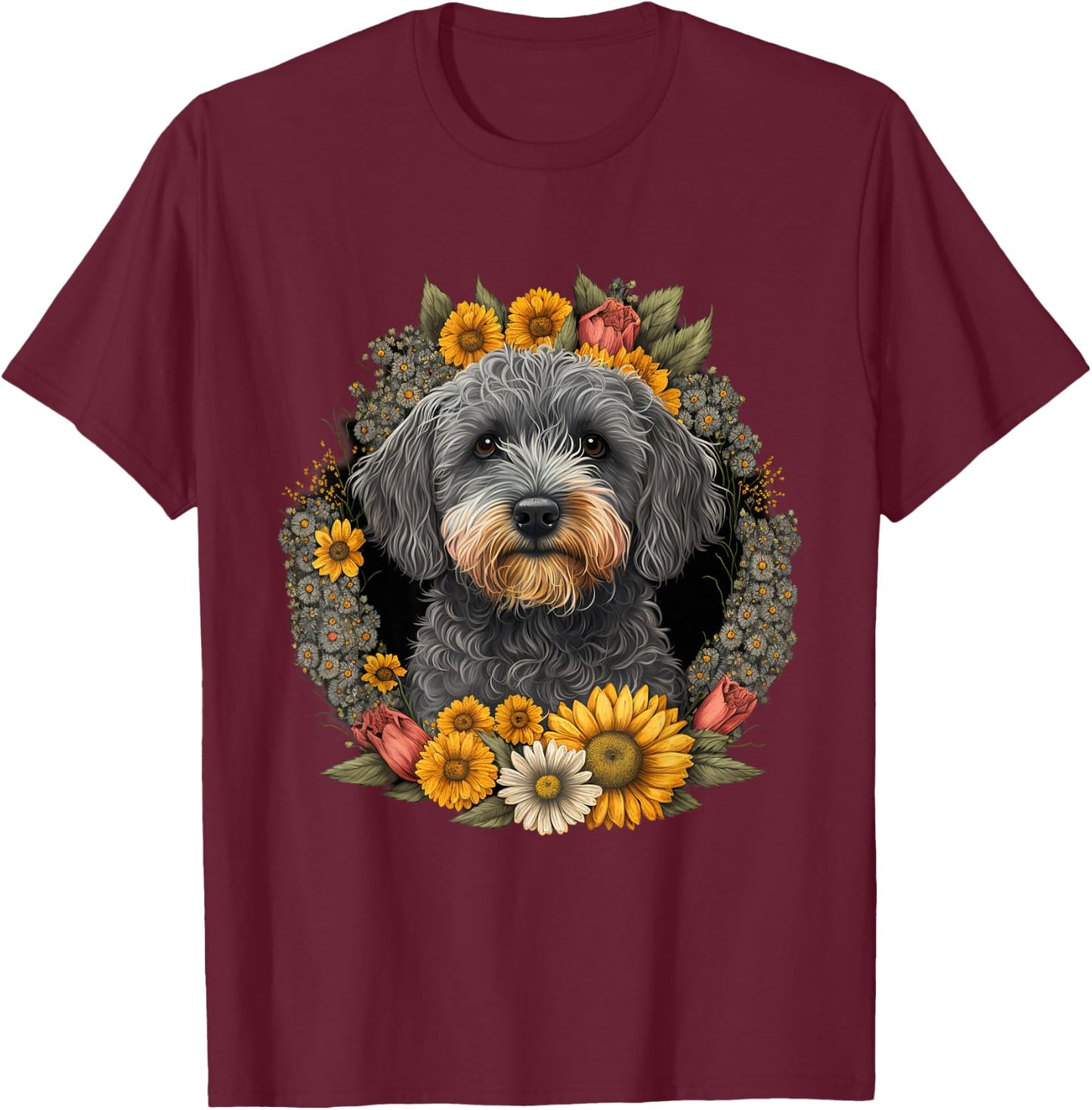Sunflower Hippie Floral Schnoodle Dog T-Shirt - T-Shirt | Maroon