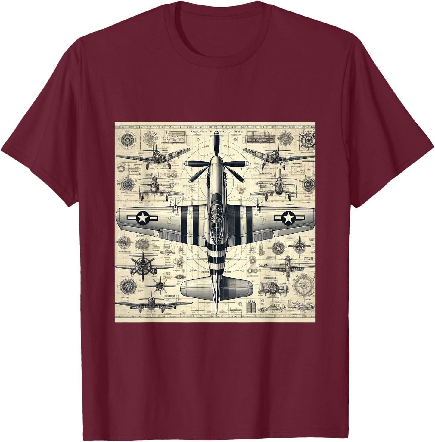 WW2 Warplane Vintage P51 Mustang Assembly Parts Blueprint T-Shirt - T-Shirt | Maroon