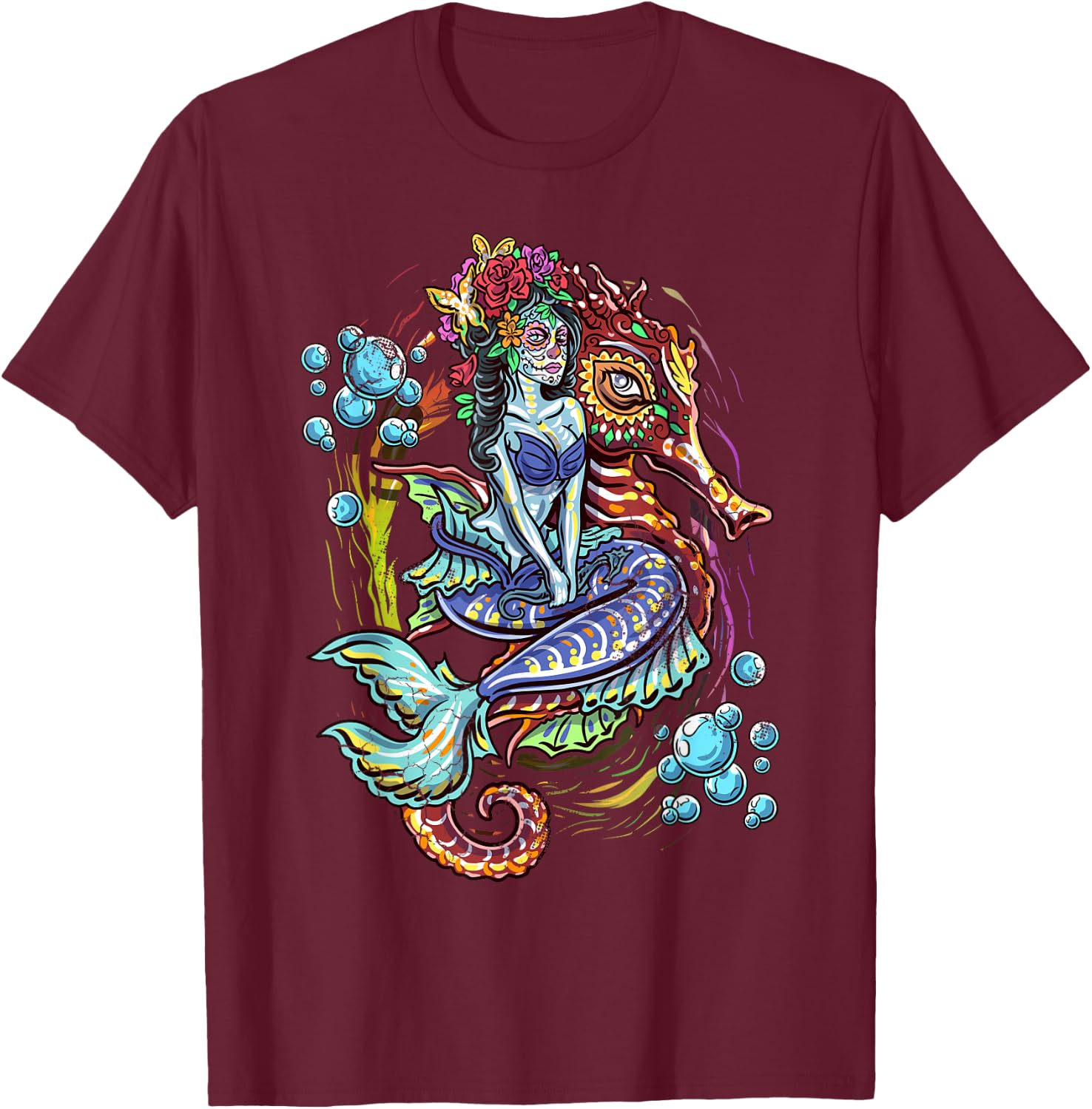 Day Of The Dead Seahorse Mermaid Art Design T-Shirt - T-Shirt | Maroon