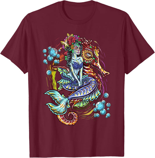 Day Of The Dead Seahorse Mermaid Art Design T-Shirt - T-Shirt | Maroon