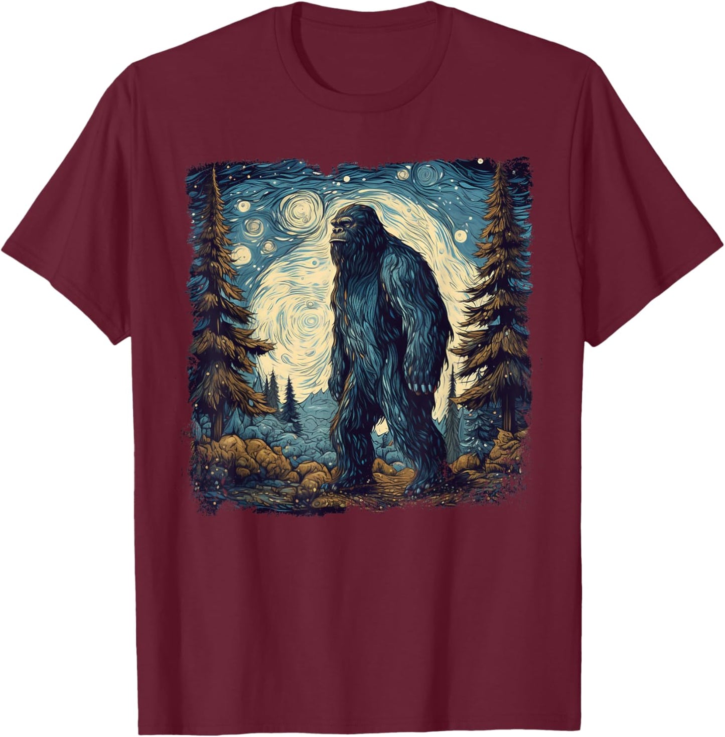 Bigfoot Starry Night Sasquatch Van Gogh Painting T-Shirt - T-Shirt | Maroon