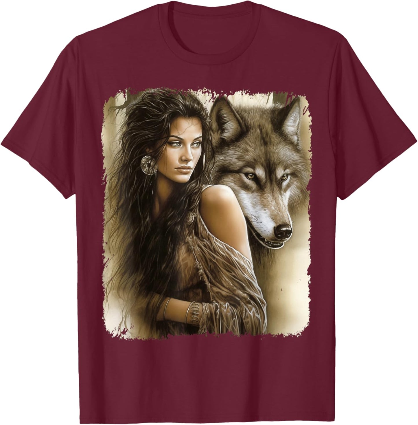 Woman and Grey Wolf Fantasy T-Shirt - T-Shirt | Maroon