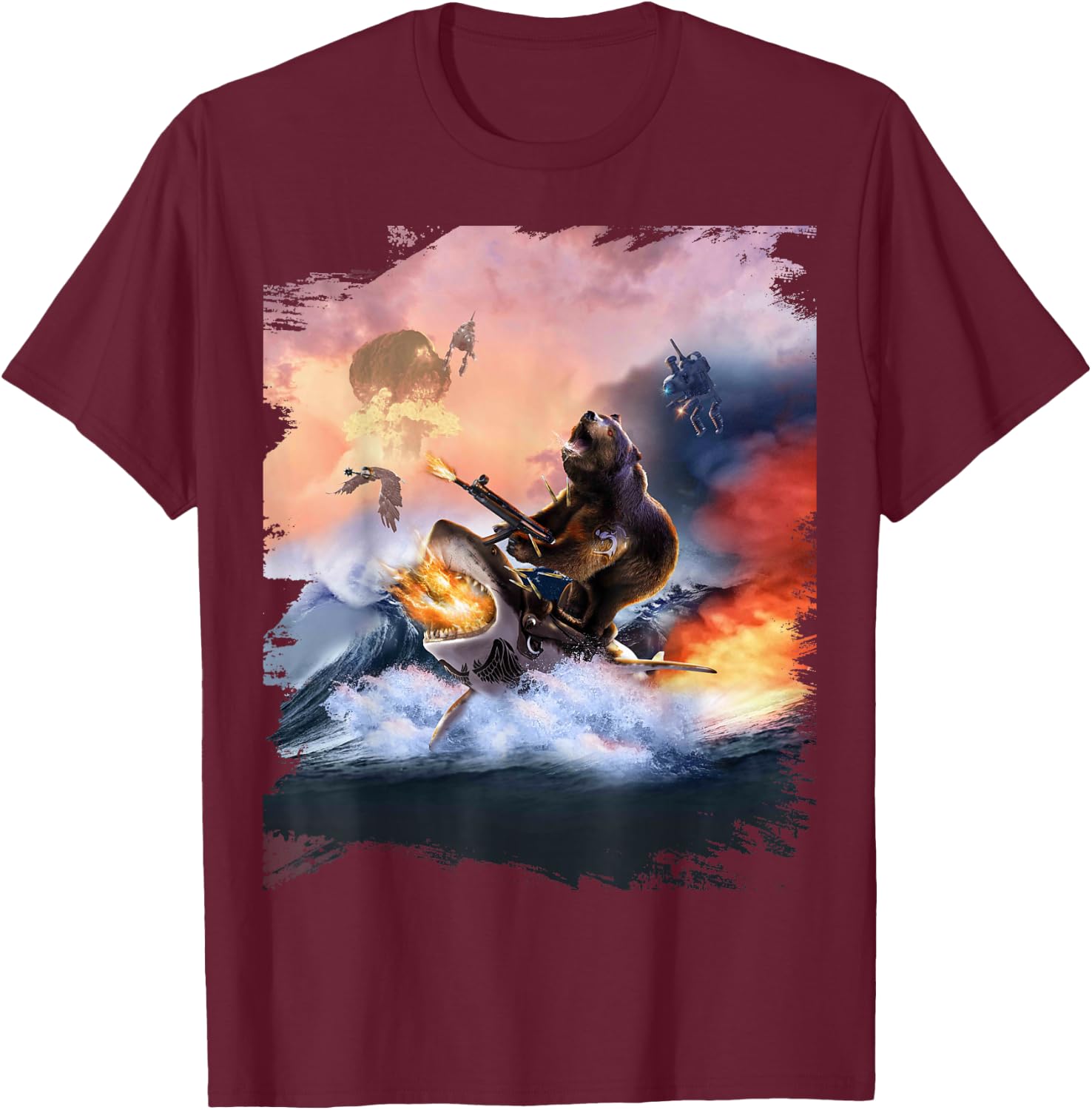 Bear Riding Shark Funny T-Shirt - T-Shirt | Maroon