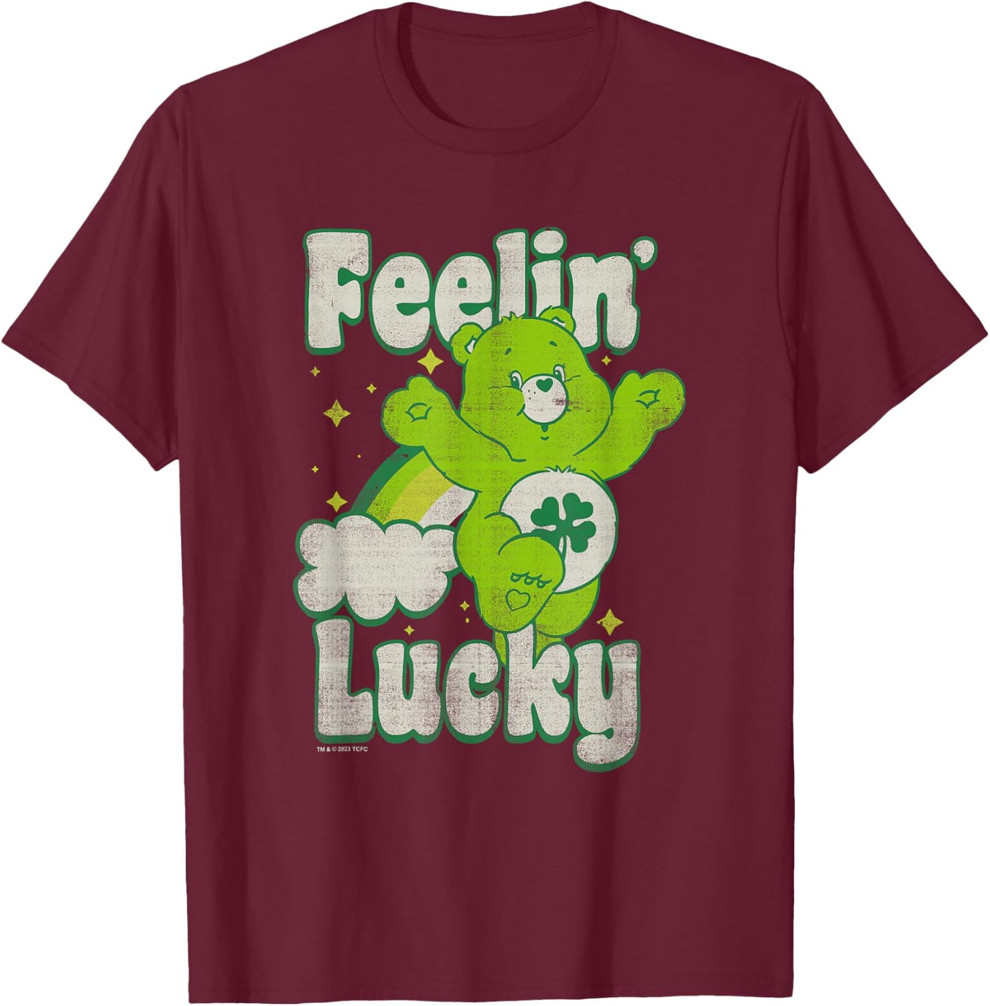 Care Bears Good Luck Bear Jumping Feelin Lucky Distressed T-Shirt - T-Shirt | Maroon