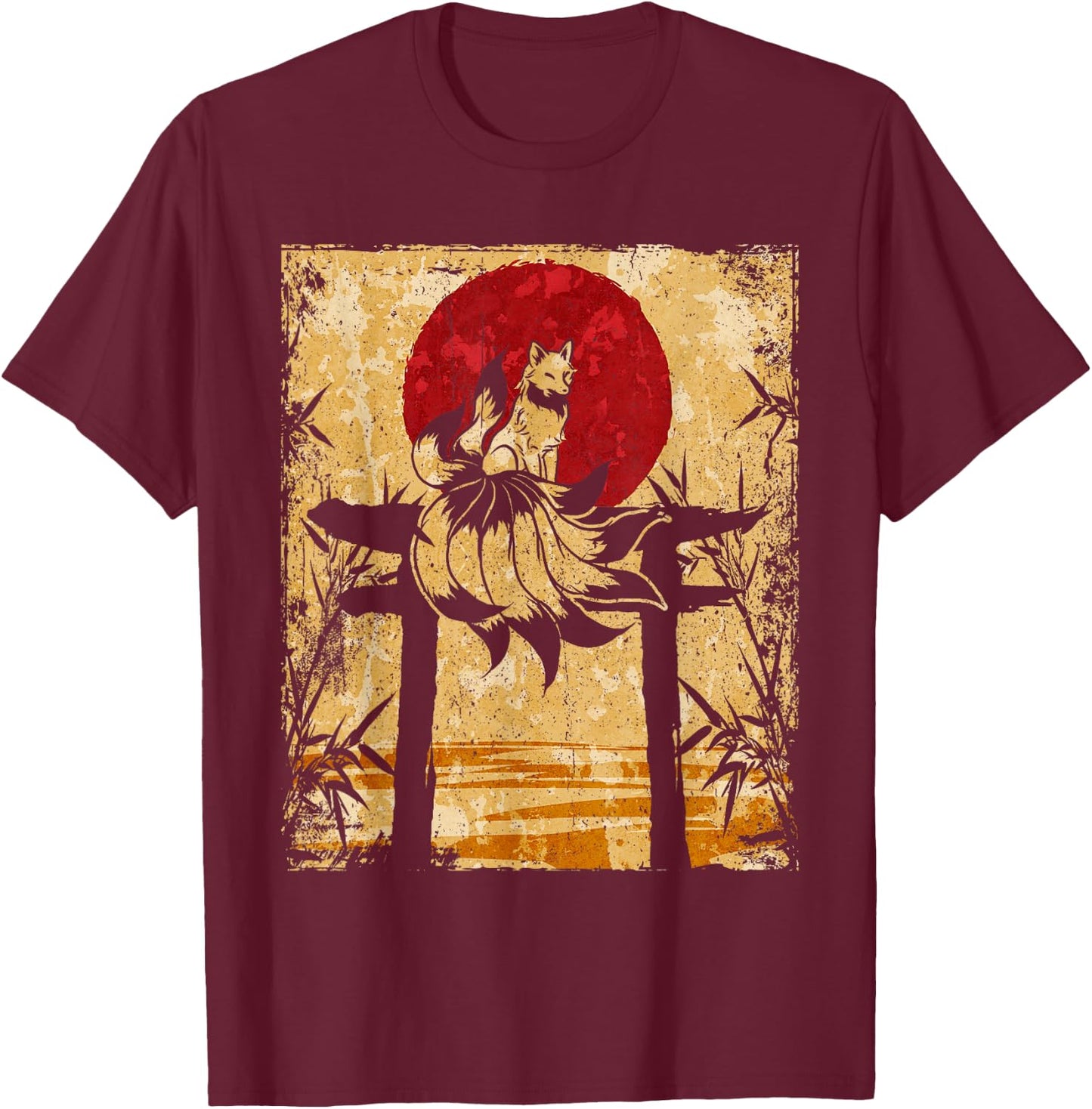 Nine-tailed fox Japanese retro art T-Shirt - T-Shirt | Maroon