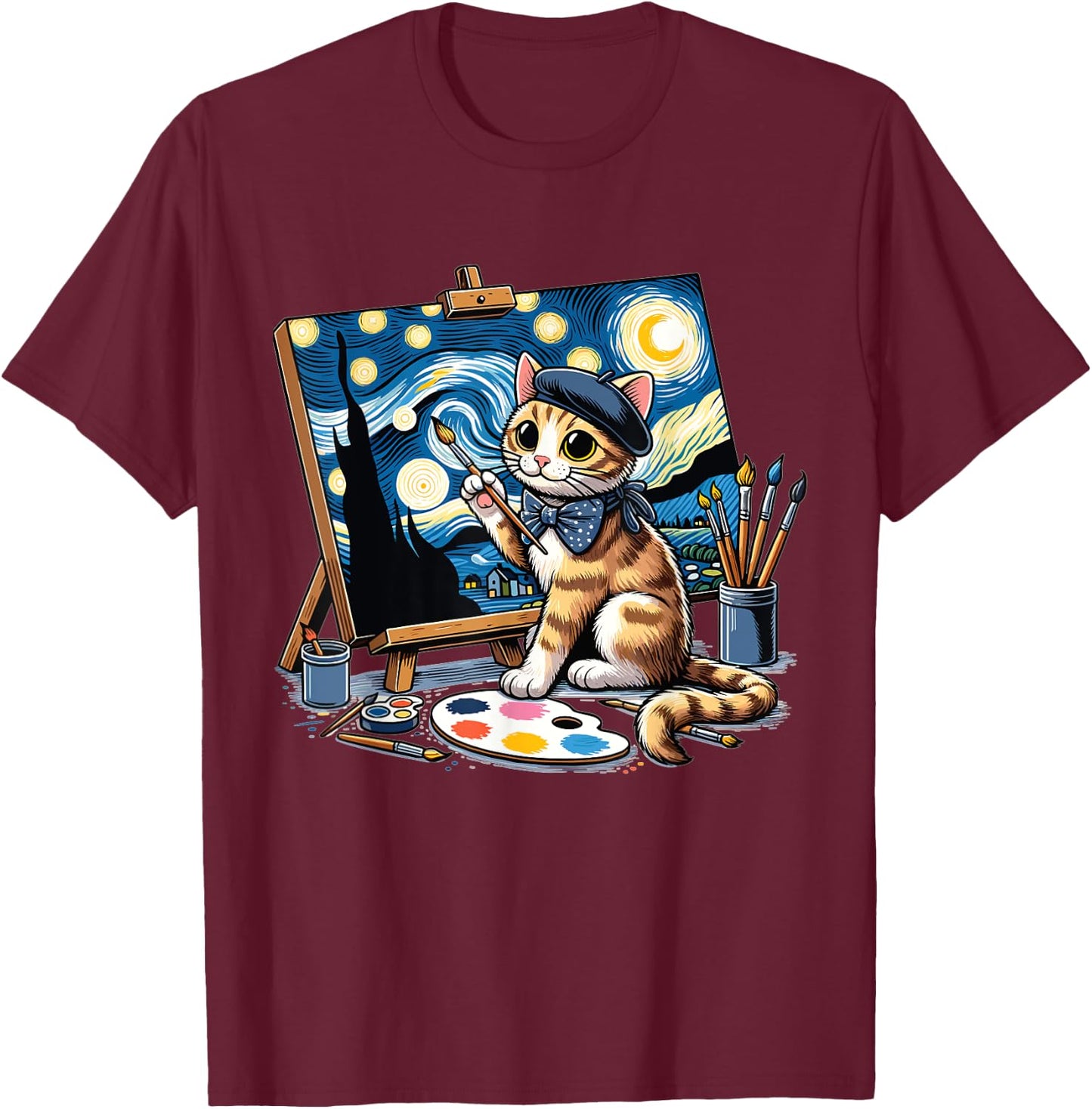 Funny Cute Cat Drawing Starry Night Painting Art For Artist T-Shirt - T-Shirt | Maroon