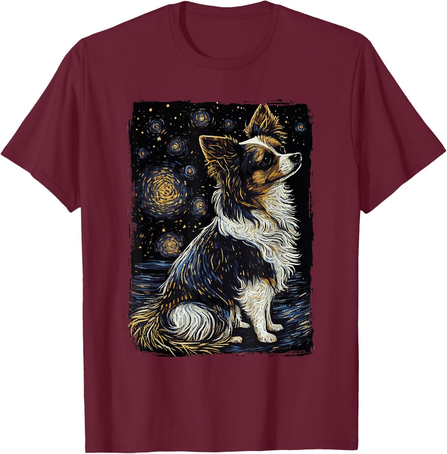 Papillon Starry Night Dog T-Shirt - T-Shirt | Maroon