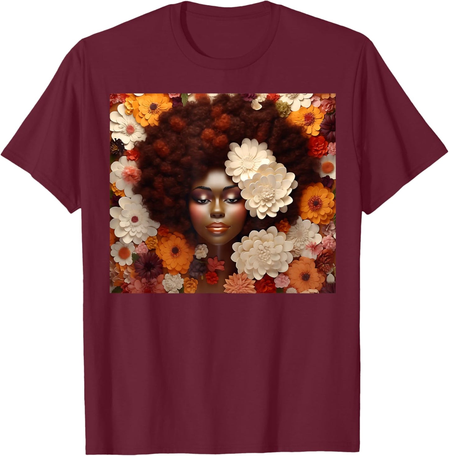 Afro Woman Floral Black Queen Puff Art Melanin Orange White T-Shirt - T-Shirt | Maroon