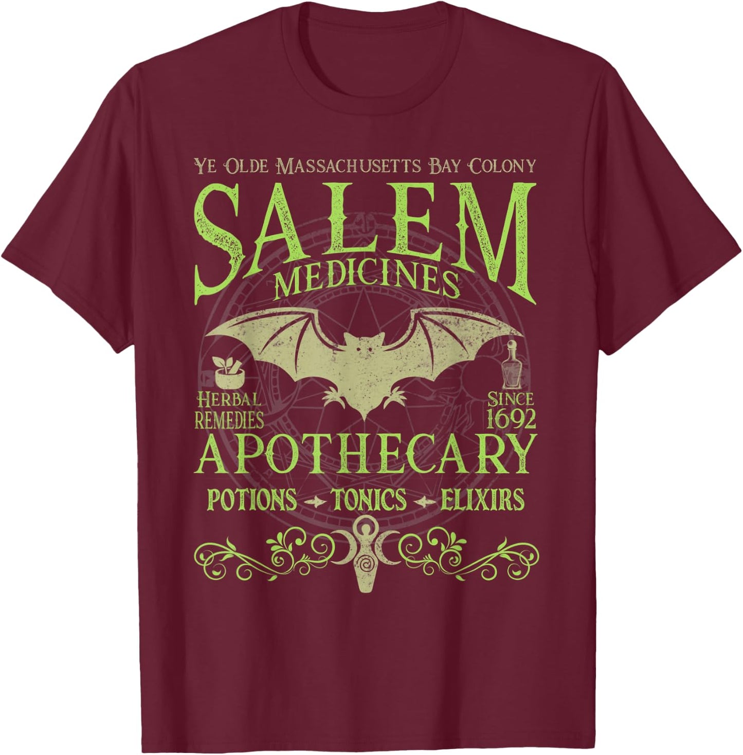 Salem Apothecary Herbalist Witch Wiccan Green Bat T-Shirt - T-Shirt | Maroon