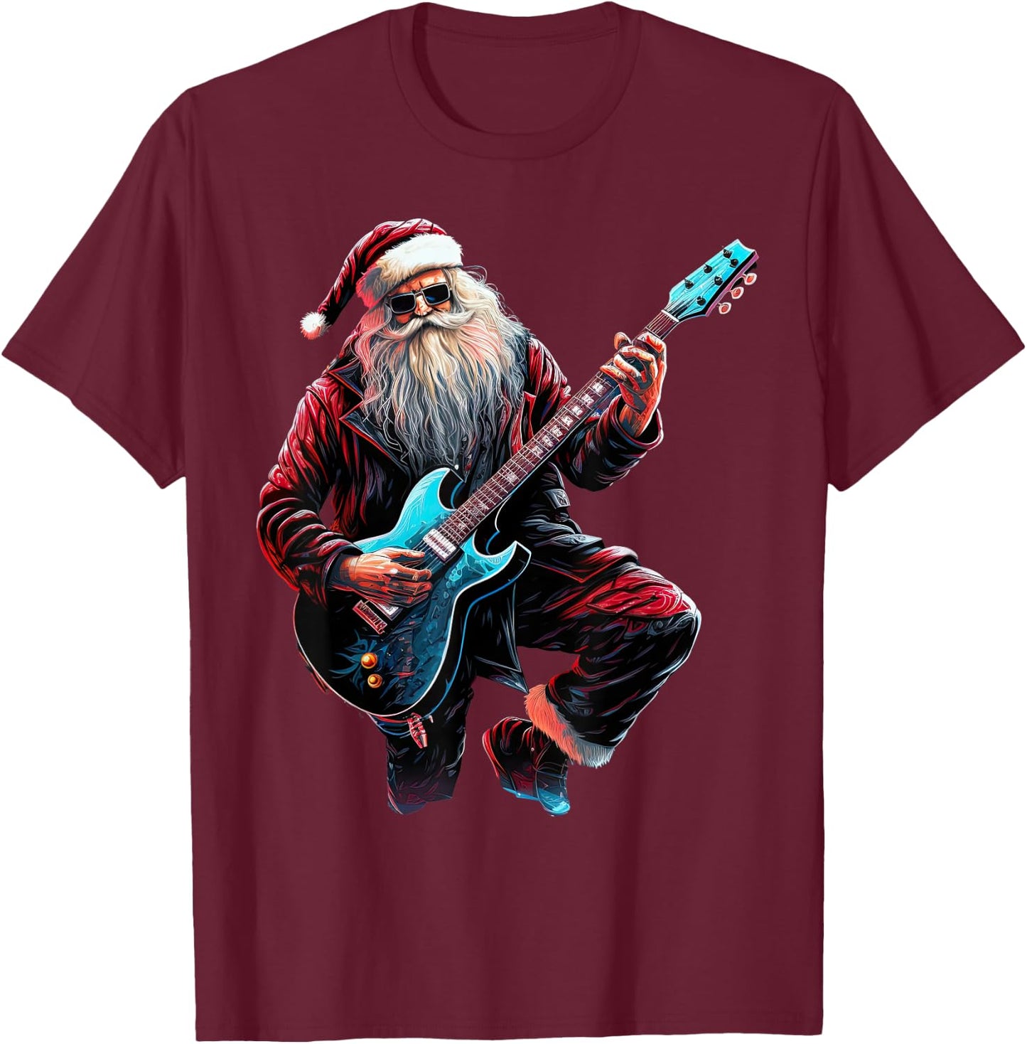 Rock & Roll Christmas Music Santa Claus Guitar Player T-Shirt - T-Shirt | Maroon
