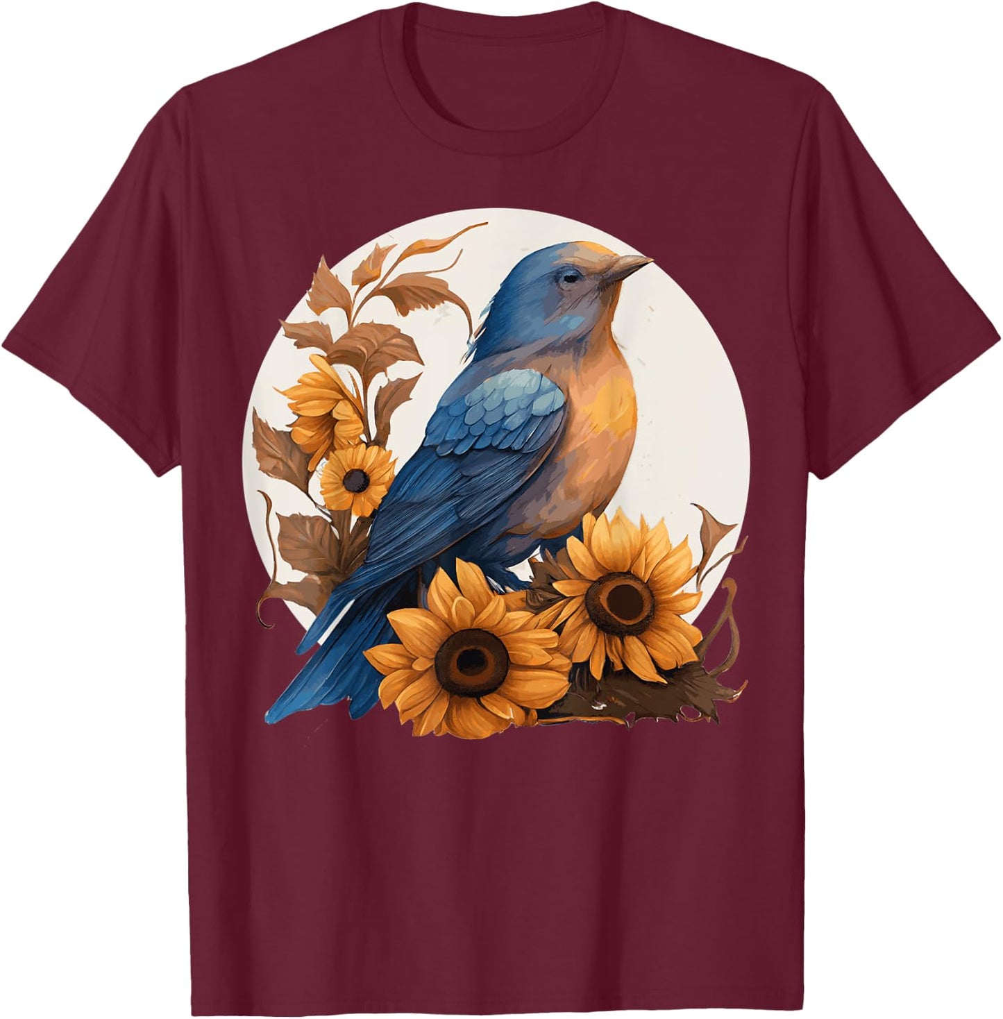 Cute Bluebird Sunflower Floral Watercolor Bluebird T-Shirt - T-Shirt | Maroon