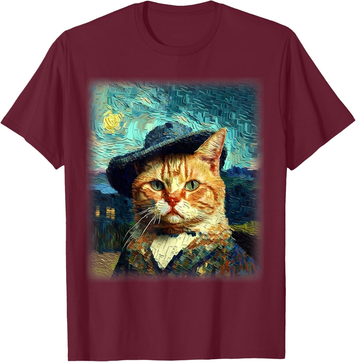 Starry Night Cat, Van Gogh Cat, Cat Mom, Cat Dad, Cat Lover T-Shirt - T-Shirt | Maroon