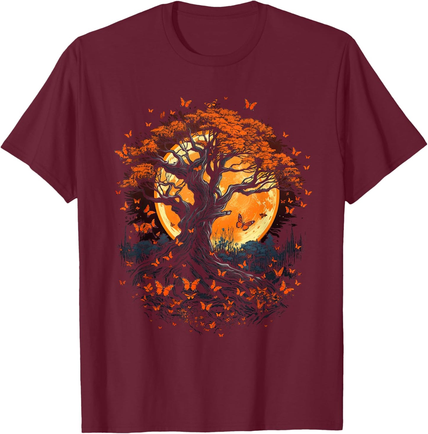 Fall Autumn falling leaves with Tree and Butterfly T-Shirt - T-Shirt | Maroon