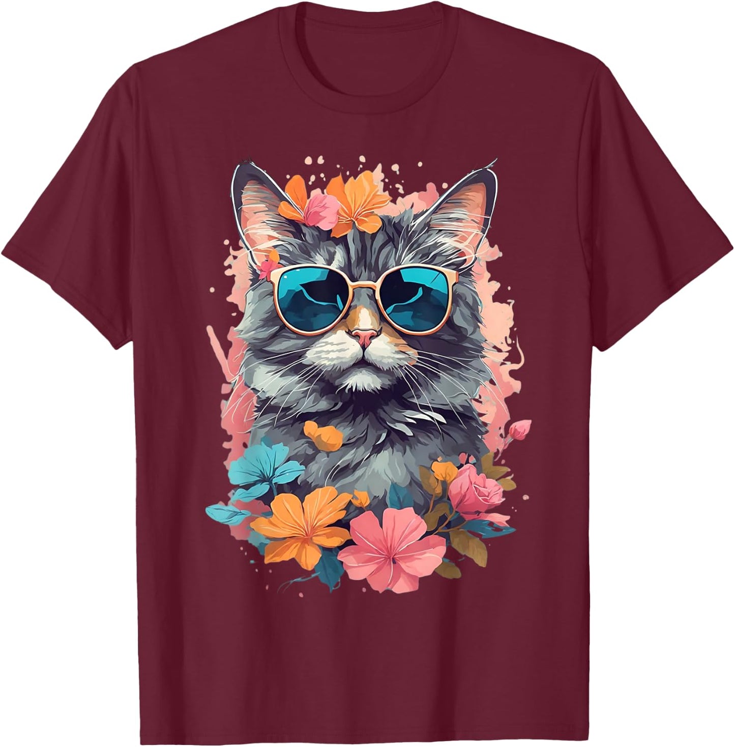 Sunglasses Tabby Cat Shirt for Girls Floral Flowers Graphic T-Shirt - T-Shirt | Maroon