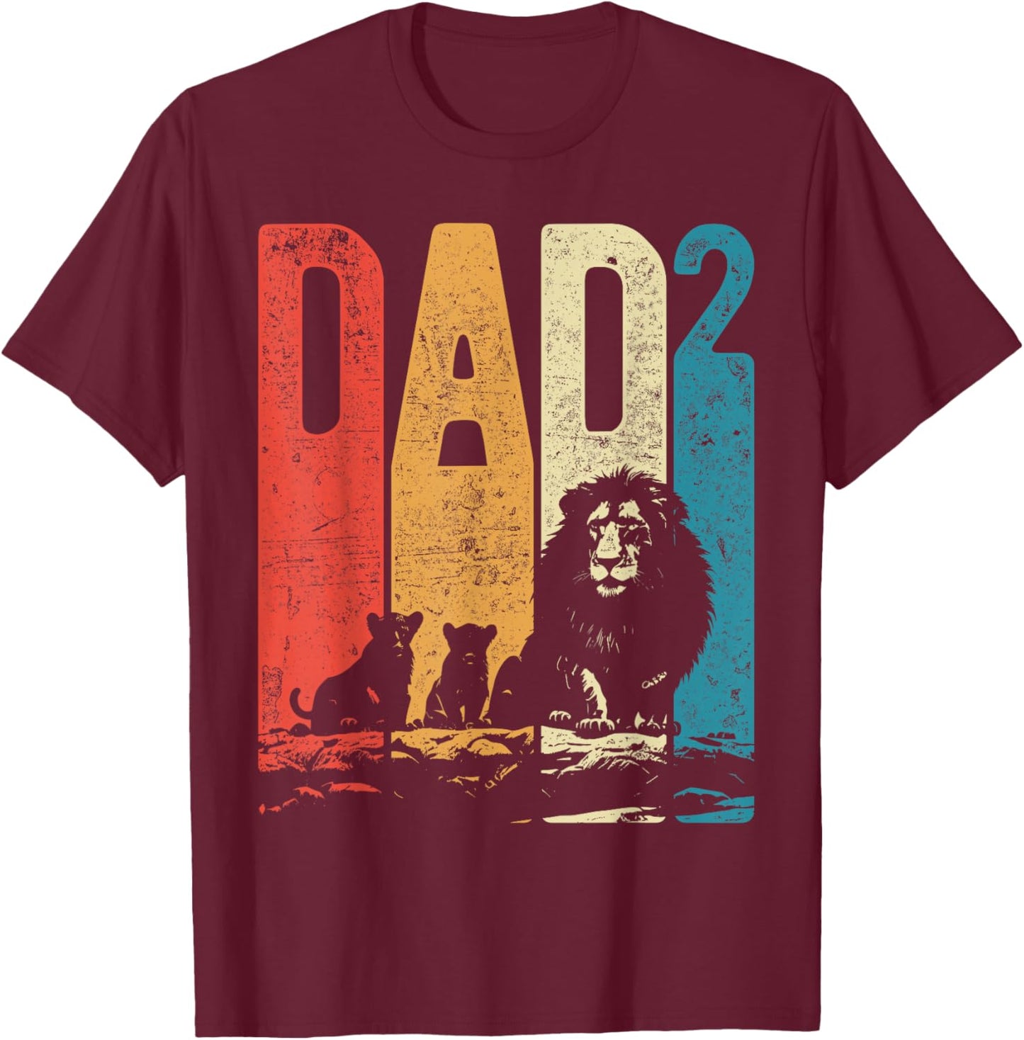 Papa Lion Cubs Father's Day Dad Squared Two Kids Retro T-Shirt - T-Shirt | Maroon