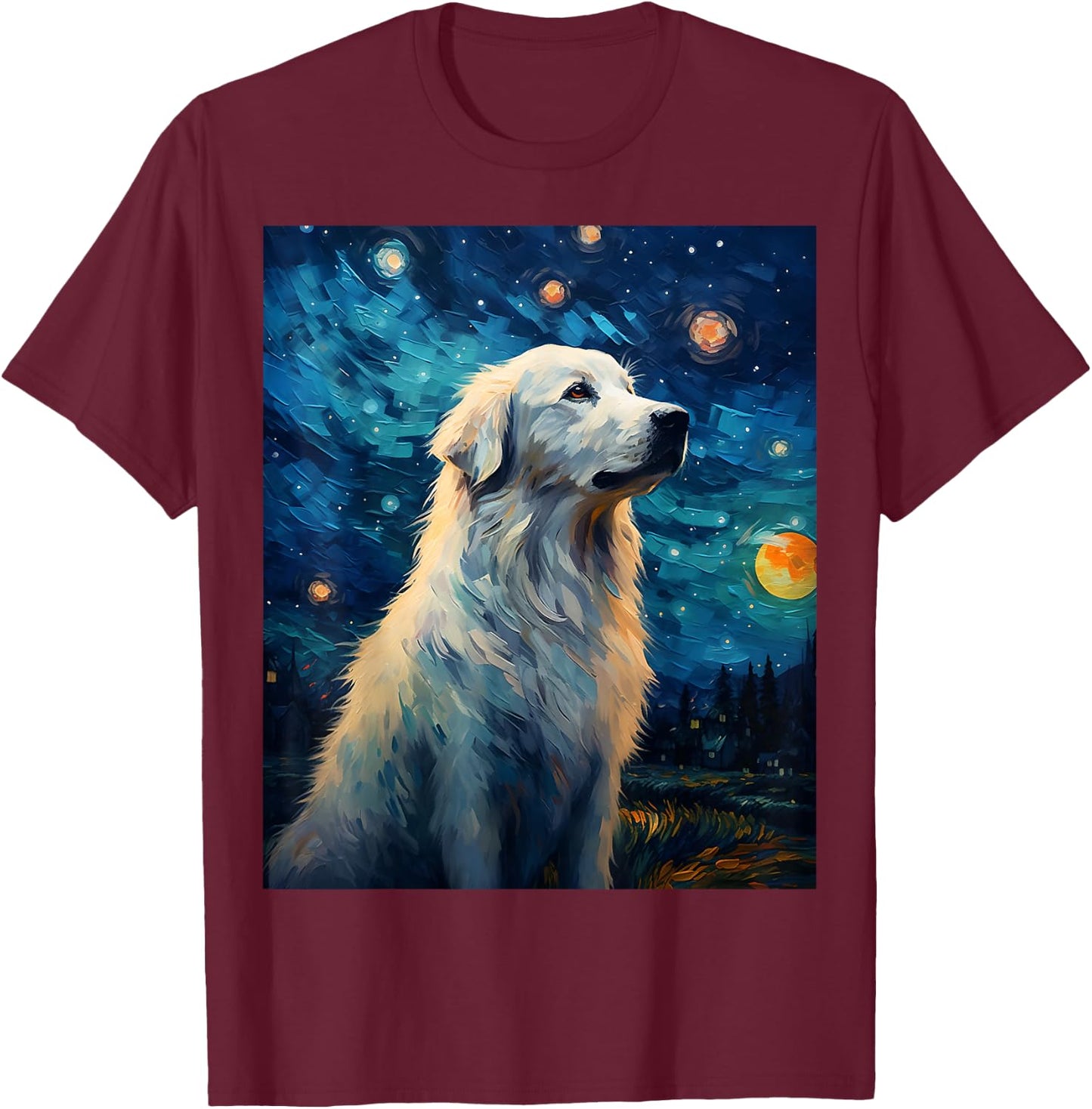 Surreal Starry Night Great Pyrenees Dog T-Shirt - T-Shirt | Maroon
