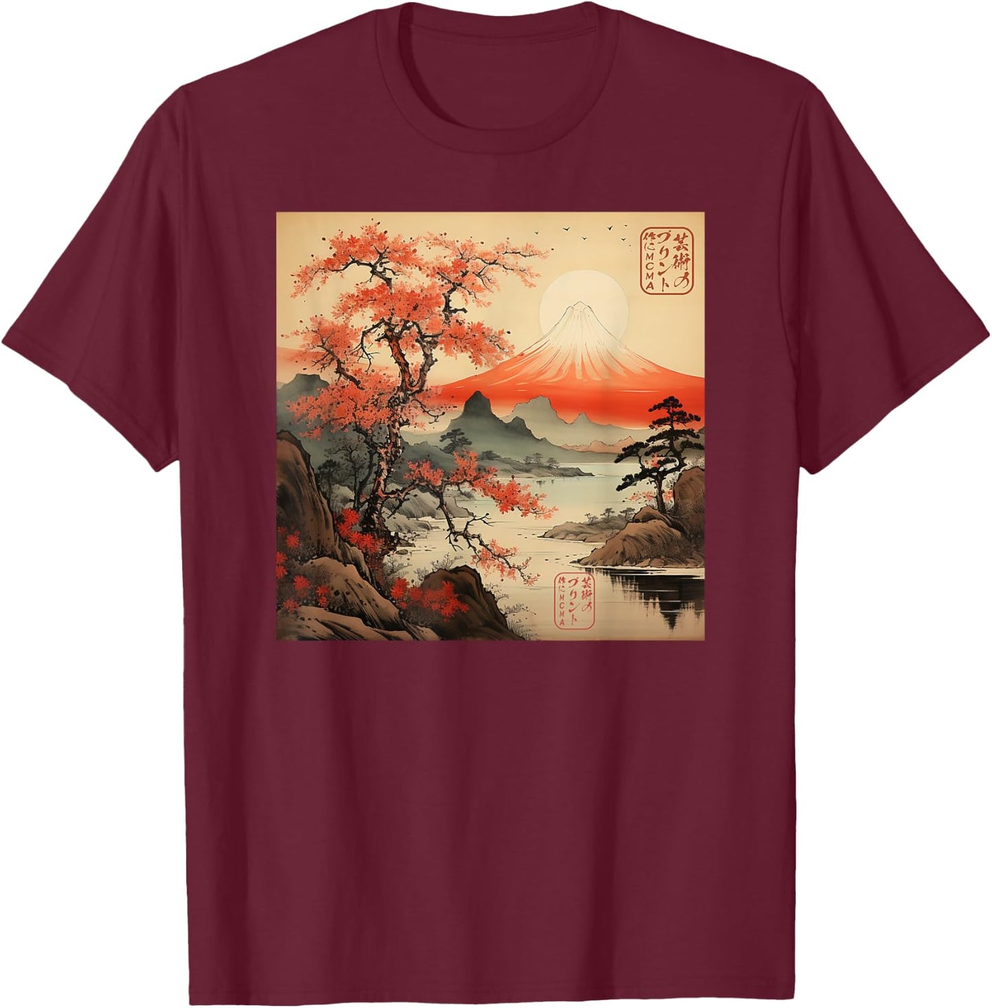 Ukiyo-e Sakura Mountain Japanese T-Shirt - T-Shirt | Maroon