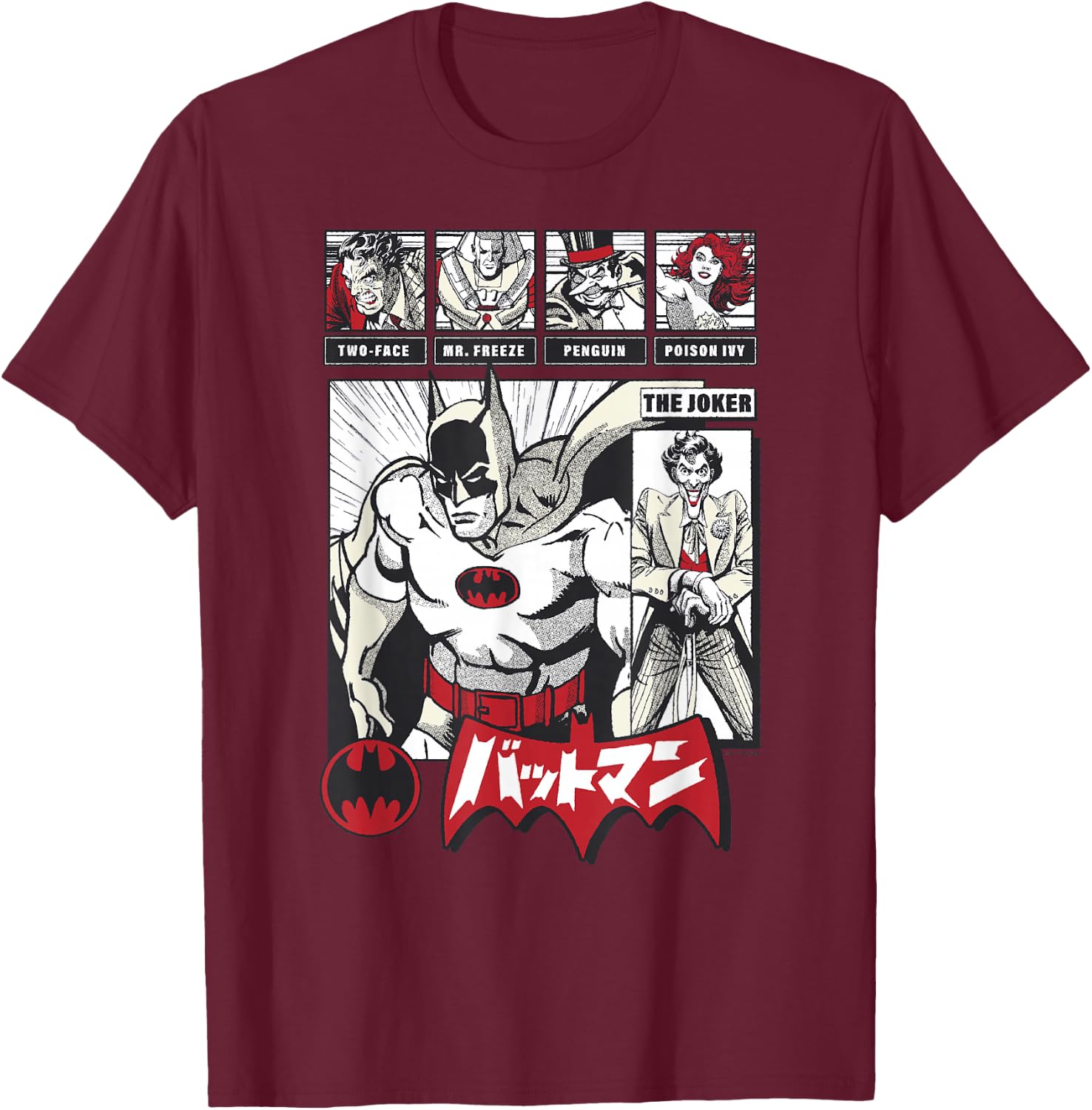 DC Comics Batman Group Shot Japanese Vintage Comic Panel T-Shirt - T-Shirt | Maroon