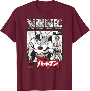 DC Comics Batman Group Shot Japanese Vintage Comic Panel T-Shirt - T-Shirt | Maroon