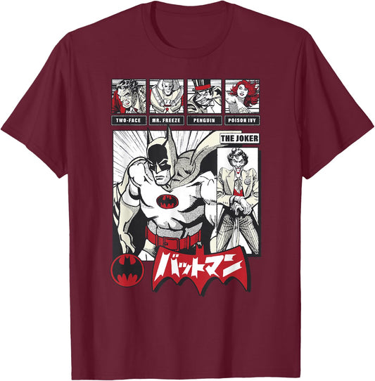 DC Comics Batman Group Shot Japanese Vintage Comic Panel T-Shirt - T-Shirt | Maroon