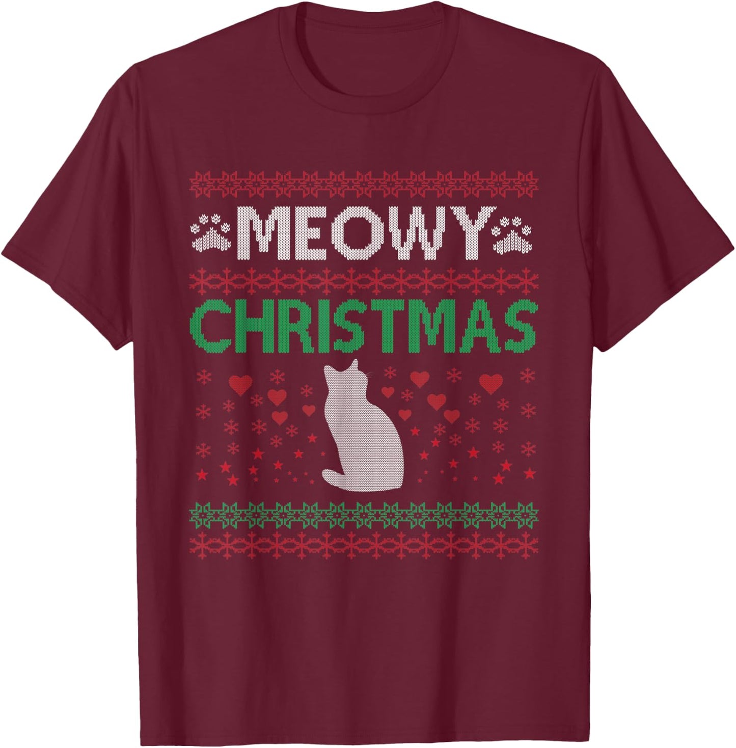 Meowy Cat Christmas Ugly Sweater Men Women Kids T-Shirt - T-Shirt | Maroon