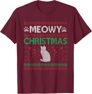 Meowy Cat Christmas Ugly Sweater Men Women Kids T-Shirt - T-Shirt | Maroon