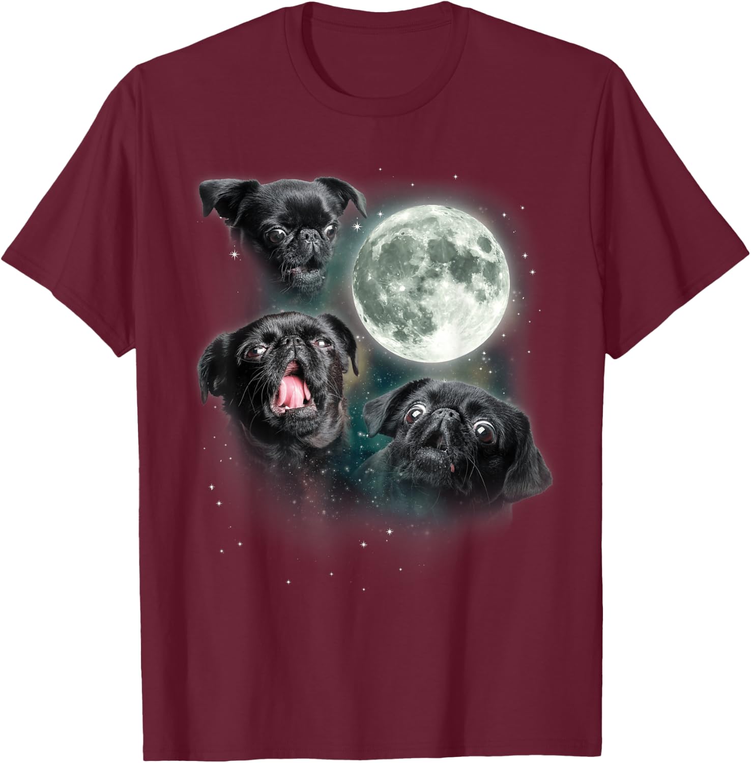 Brussels Griffon Moon | Three Howling Brabancon Funny 3 Dog T-Shirt - T-Shirt | Maroon