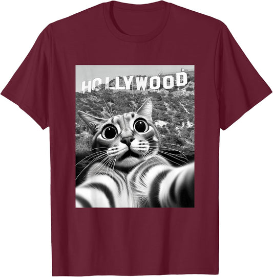 California Cat Taking Selfie at Hollywood Sign Cat Selfie T-Shirt - T-Shirt | Maroon