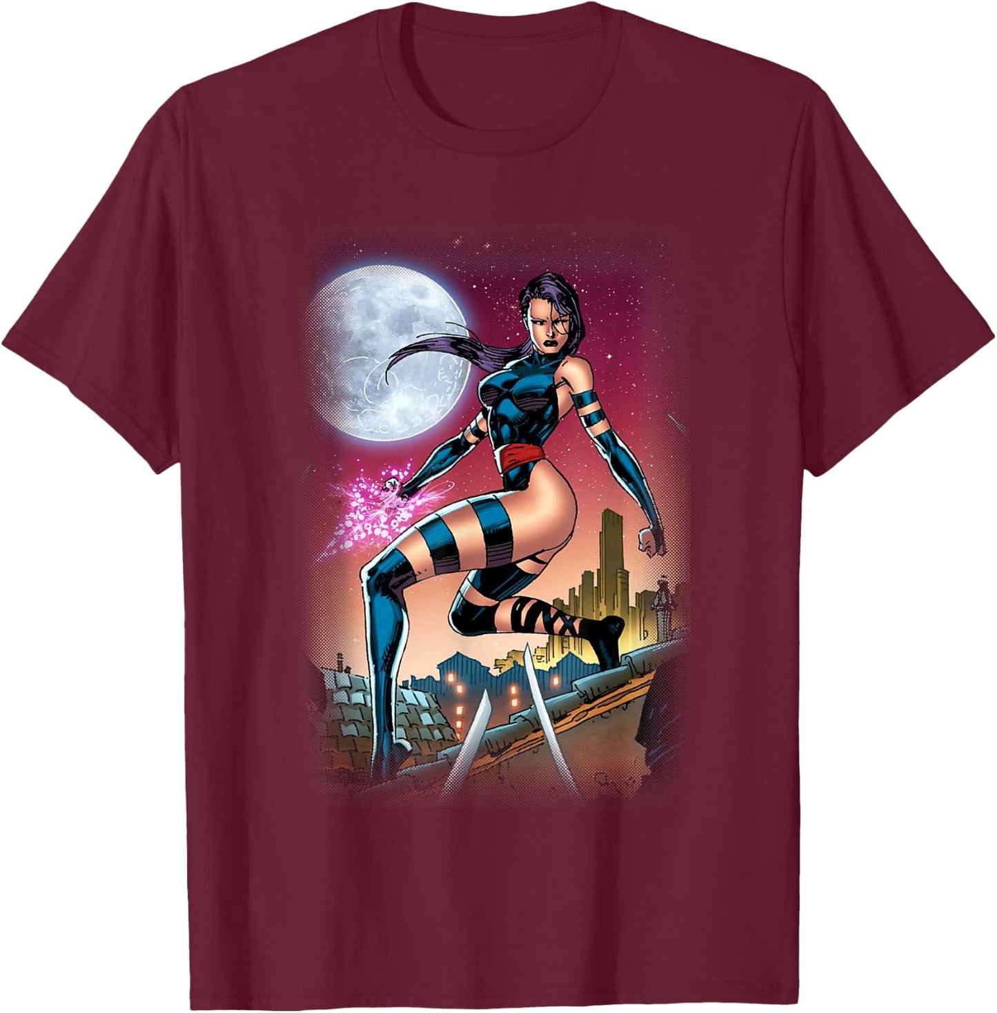 Marvel X-Men Psylocke Epic Rooftop At Night Portrait T-Shirt - T-Shirt | Maroon