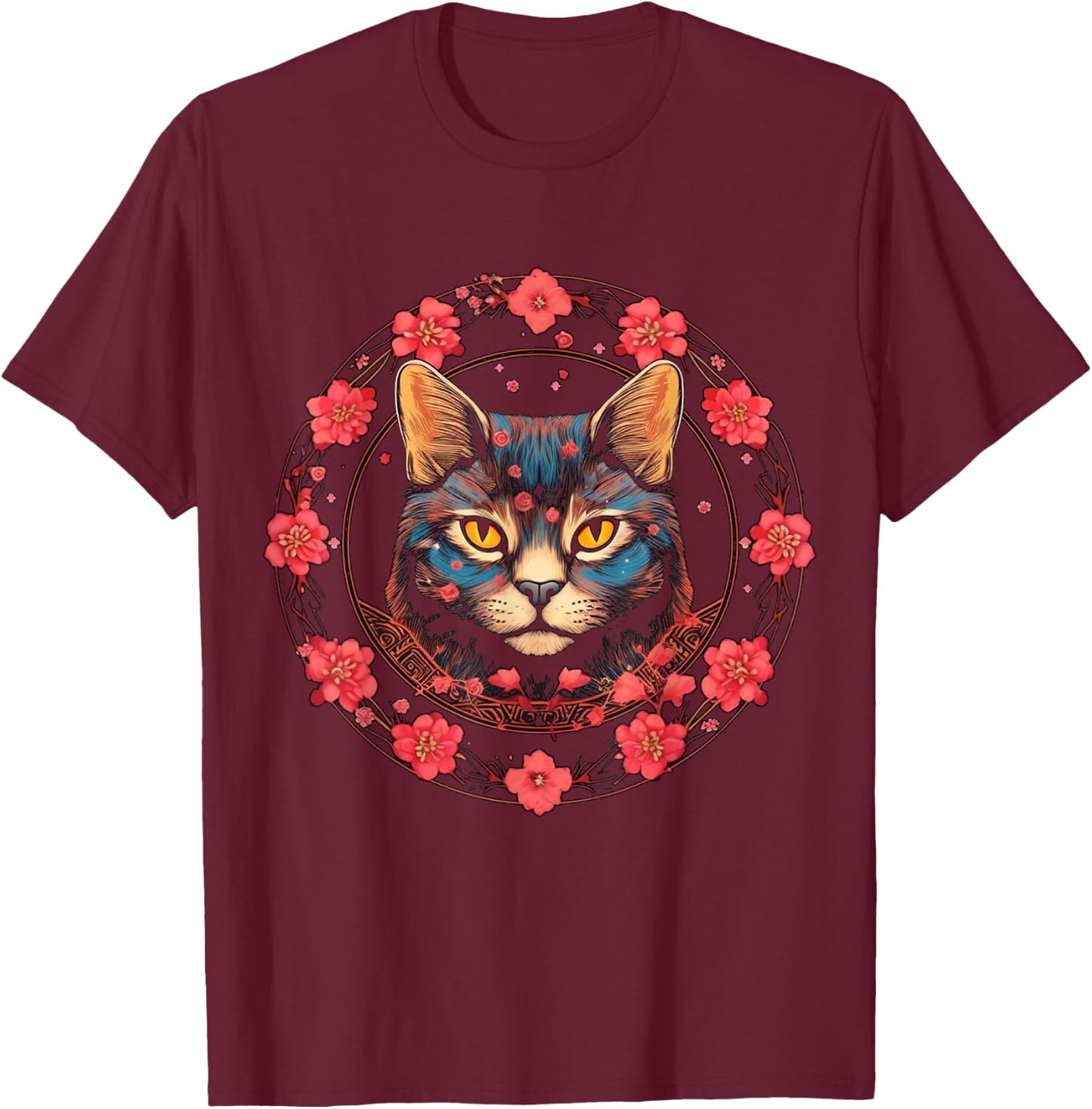 Cat Flower Artwork | Animal Cherry Blossoms Motif Cat T-Shirt - T-Shirt | Maroon