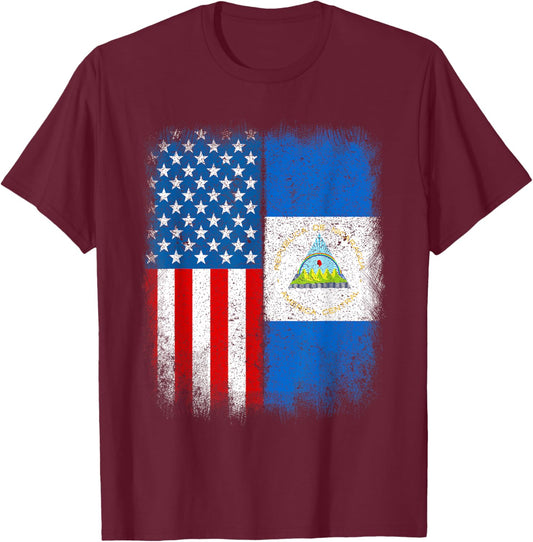 Vintage Half Nicaraguan American Flag Usa Nicaragua Country T-Shirt - T-Shirt | Maroon