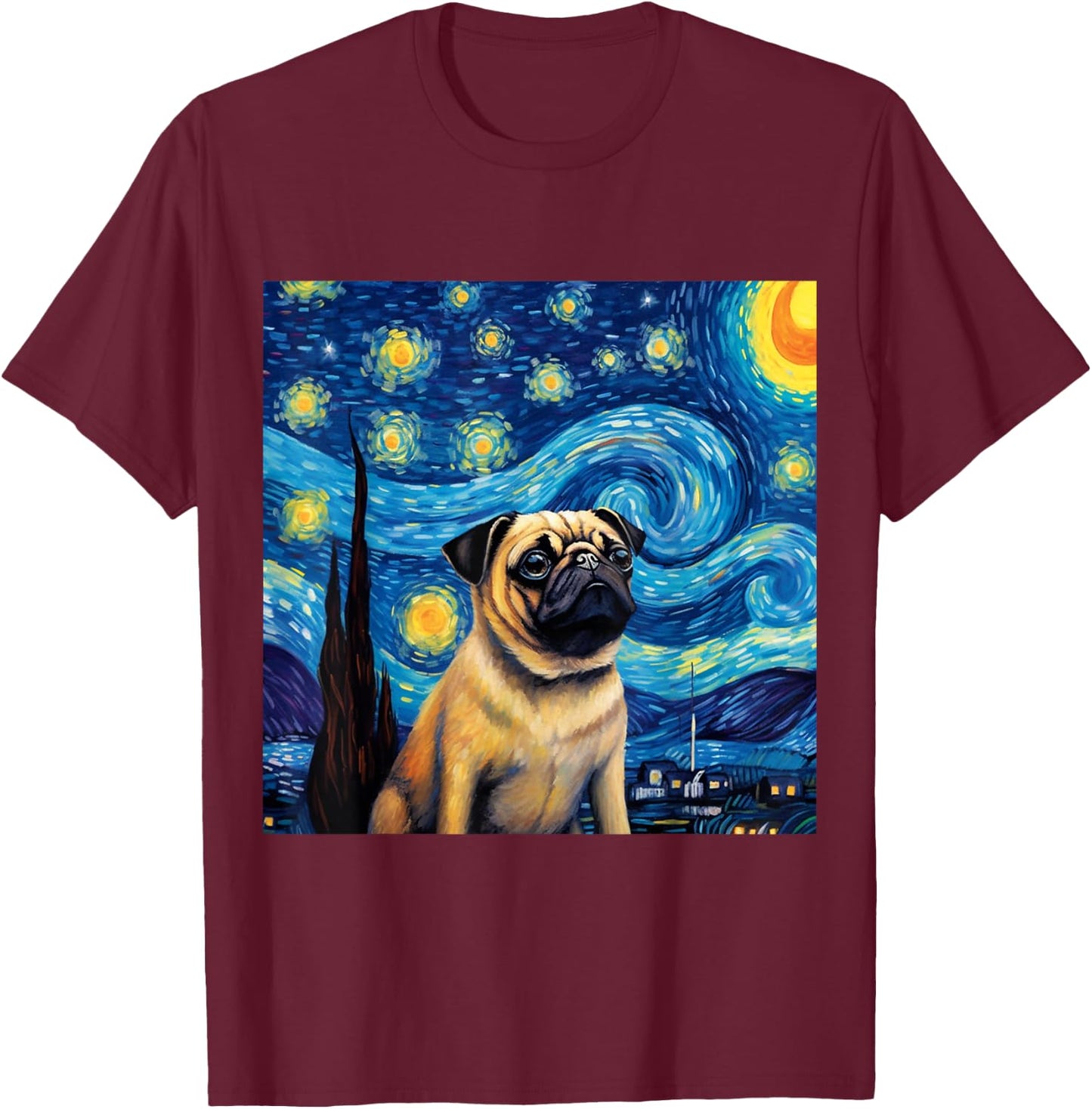 Pug Starry Night - Pug T-Shirt - T-Shirt | Maroon