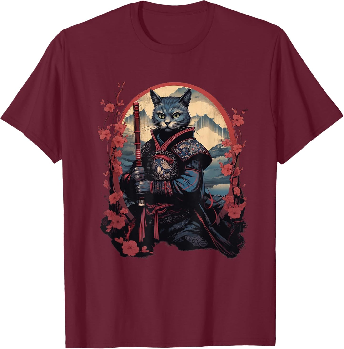 Vintage Japanese Samurai Ninja Cat Tattoo Kawaii Women Girls Kids T-Shirt - T-Shirt | Maroon