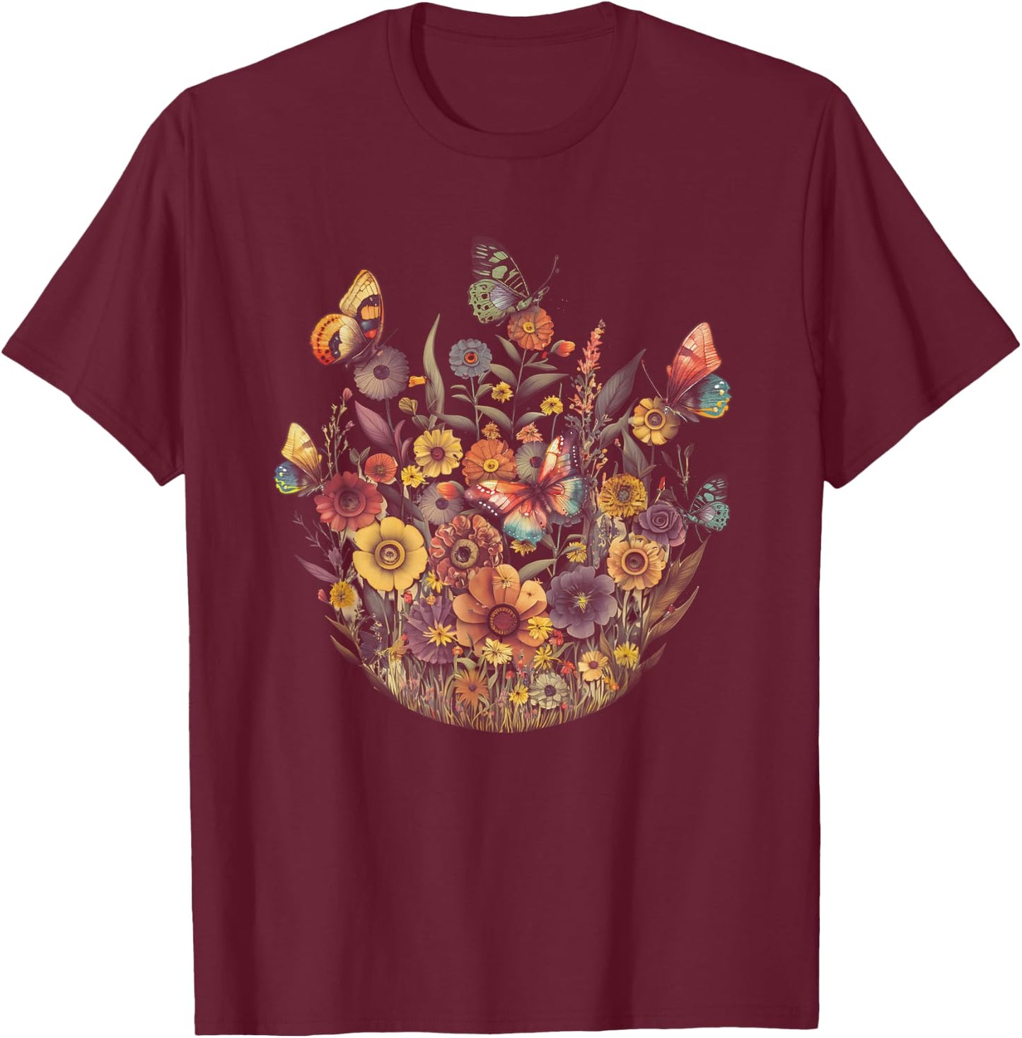 Vintage Pressed Flowers Butterflies Floral Boho Wildflowers T-Shirt - T-Shirt | Maroon