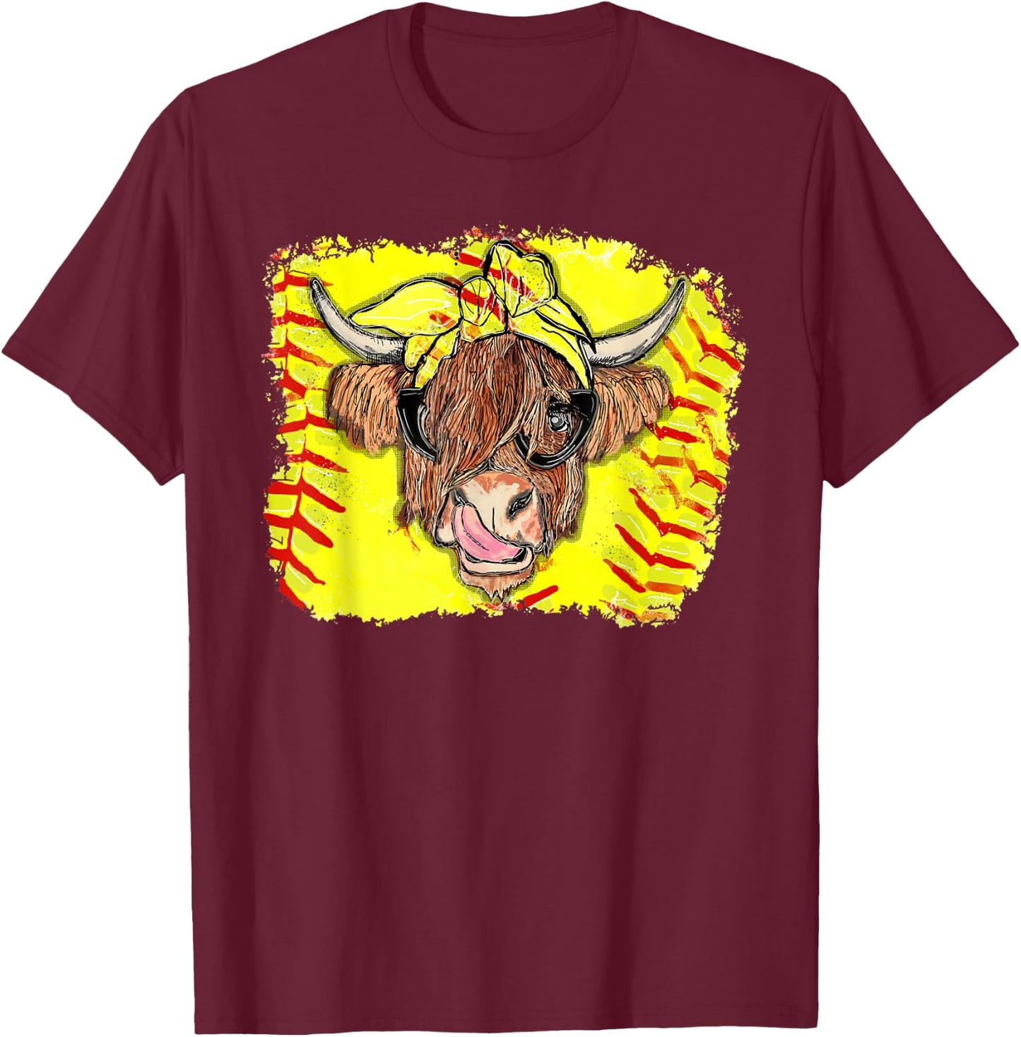 Softball Highland Cow With Bandana Glasses Happy Mother's T-Shirt - T-Shirt | Maroon