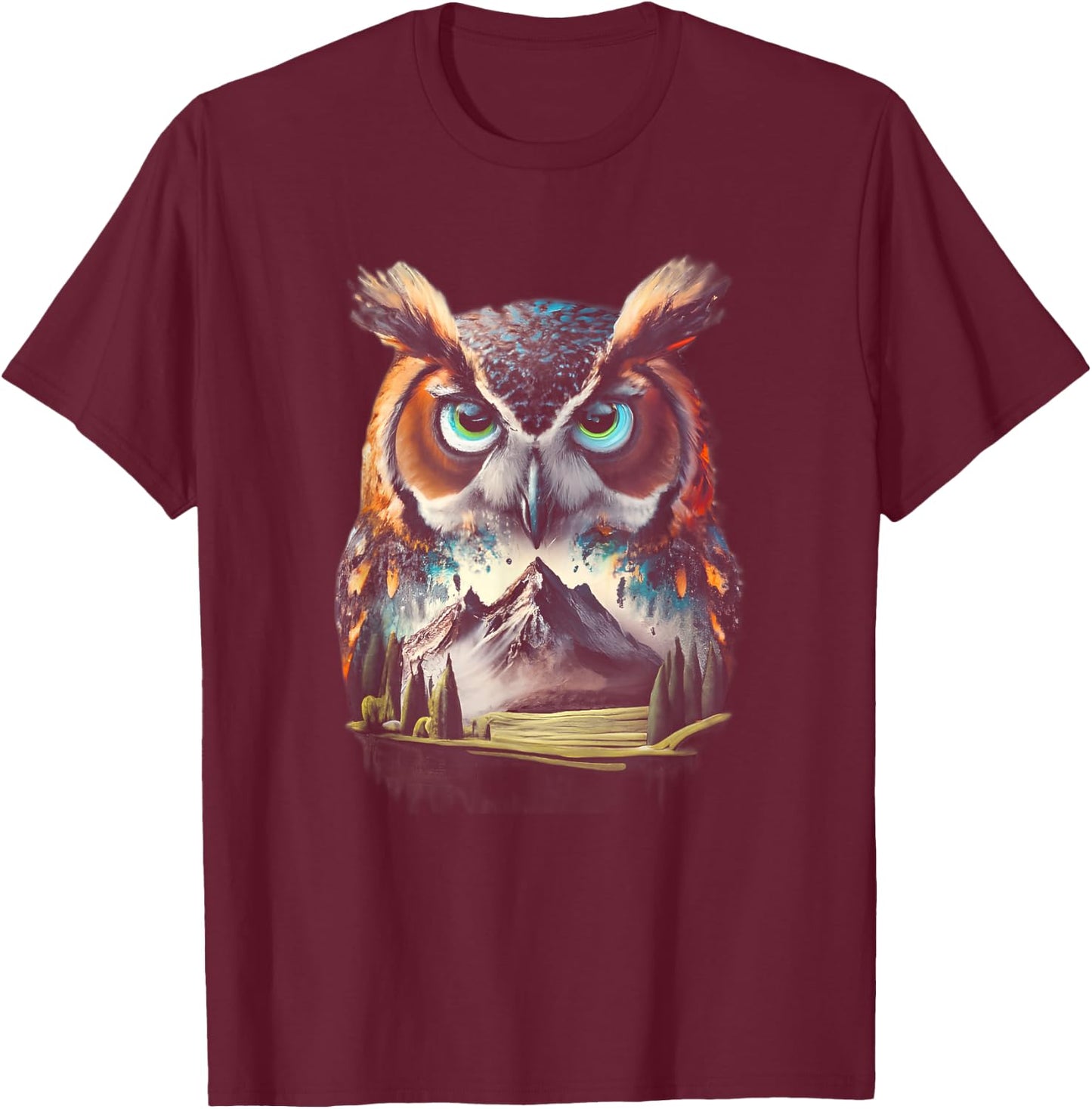 Abstract Owl Mountain Realistic Animal Nature T-Shirt - T-Shirt | Maroon